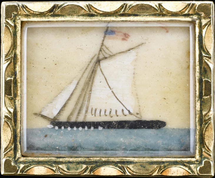 Brooch with miniature of sailing vessel flying the American flag, American, circa 1840